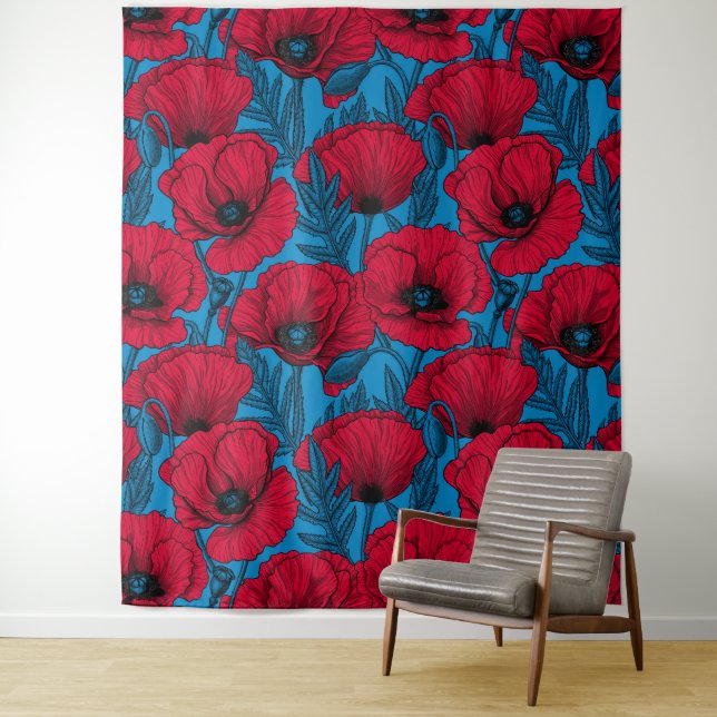 Red poppy garden on blue tapestry (In Situ)