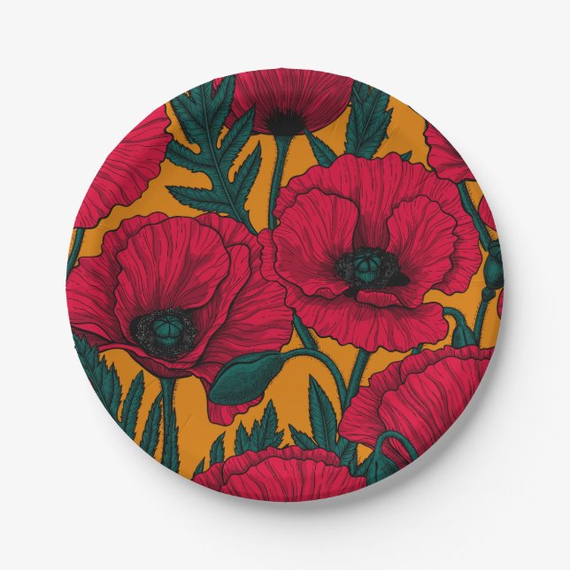 Red poppy garden paper plate (Front)
