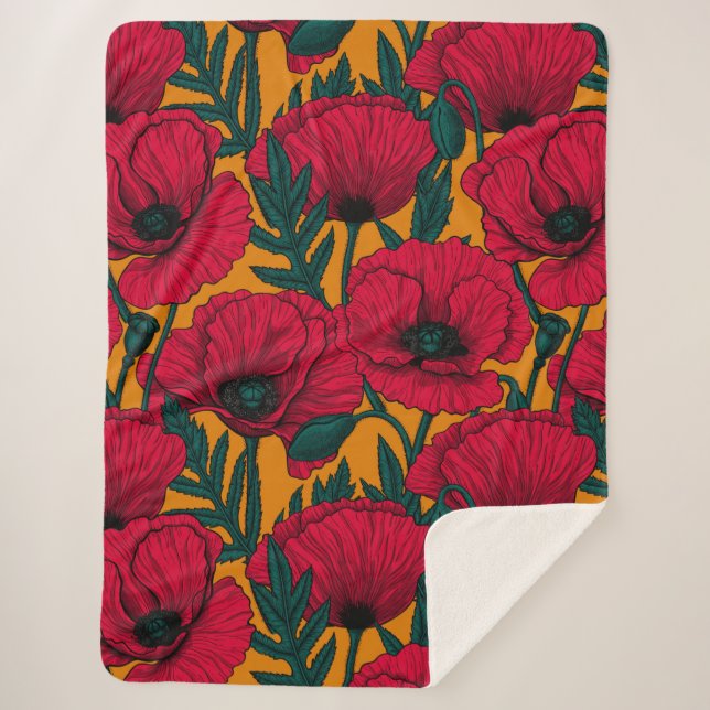 Red poppy garden sherpa blanket (Front)