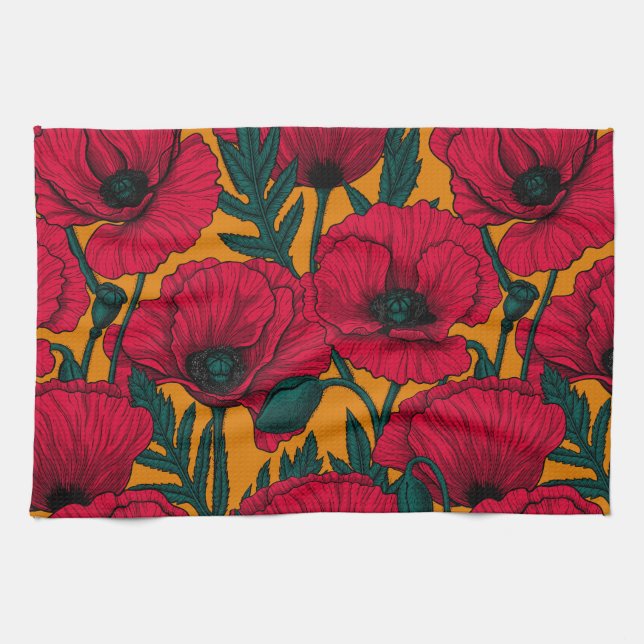 Red poppy garden tea towel (Horizontal)