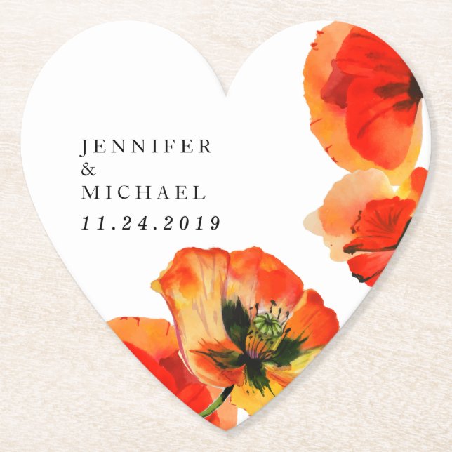 Red Poppy Illustration Floral Art Wedding Paper Coaster (Front)