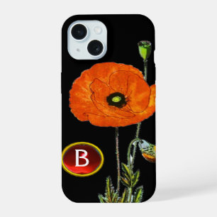 RED POPPY IN BLACK RUBY GEMSTONE MONOGRAM iPhone 15 CASE