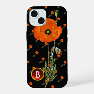RED POPPY IN BLACK RUBY GEMSTONE MONOGRAM iPhone 15 CASE