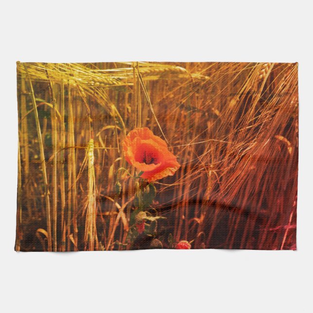 Red Poppy In Golden Wheat Field Thanksgiving Tea Towel (Horizontal)