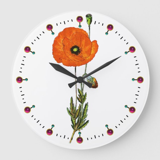 RED POPPY IN WHITE WITH GEMSTONES LARGE CLOCK (Front)