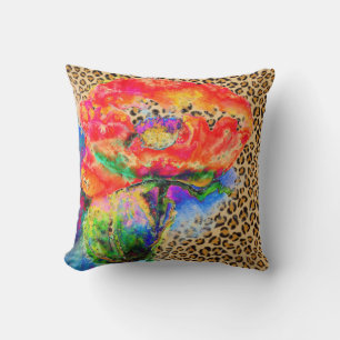 Red Poppy - leopard print Cushion