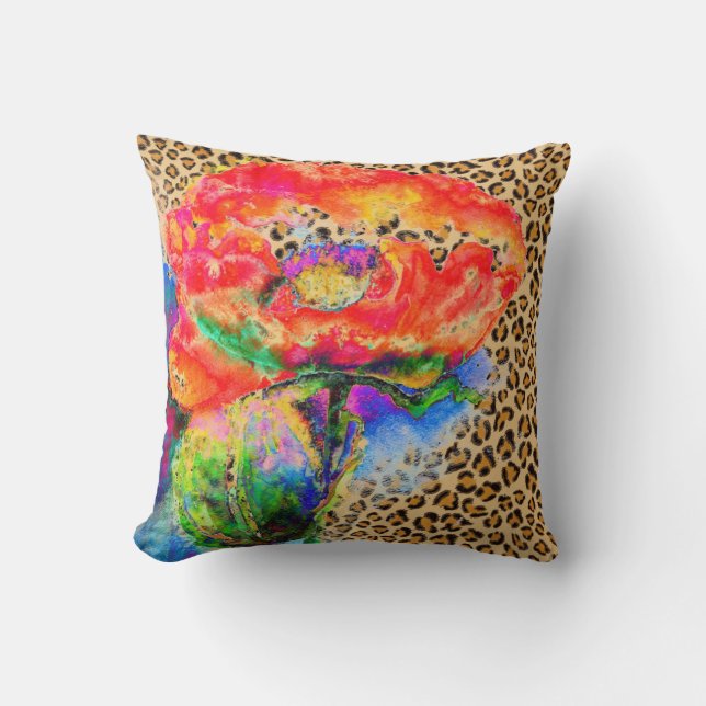 Red Poppy - leopard print Cushion (Front)