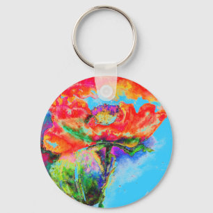 Red Poppy -light blue background Key Ring