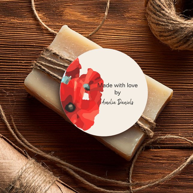 Red Poppy Made with Love Classic Round Sticker (Creator Uploaded)