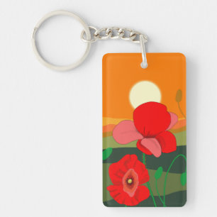Red Poppy Meadow at Sunset Illustration    Key Ring