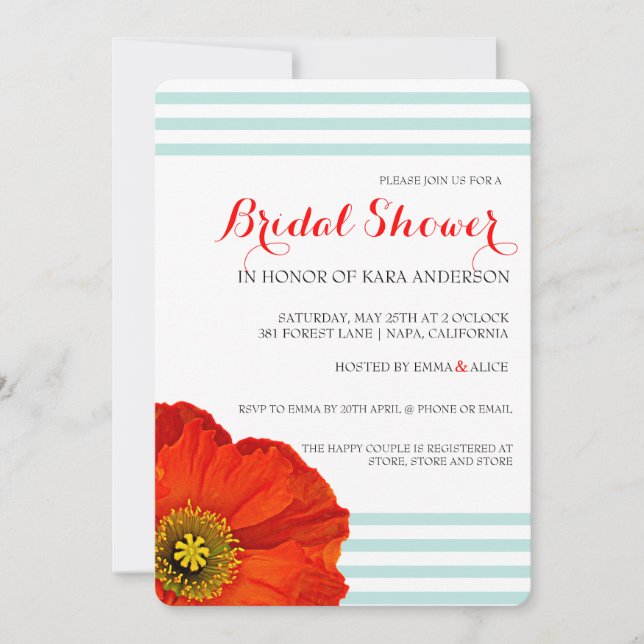 Red Poppy Mint Teal Stripes Wedding Bridal Shower Invitation (Front)