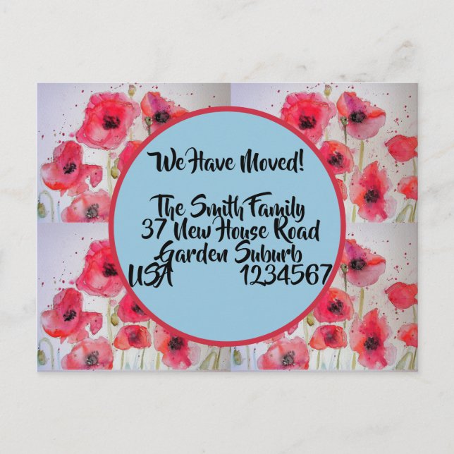 Red Poppy New Address Postcard, We Are Moving Postcard (Front)