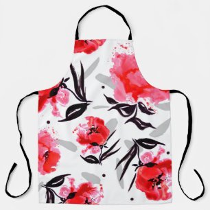 Red Poppy on a white background with grey stripes. Apron