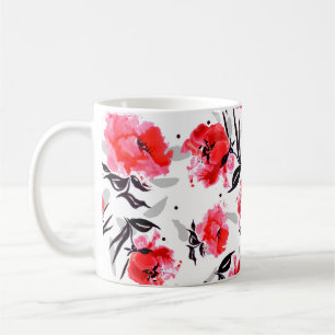 Red Poppy on a white background with grey stripes. Coffee Mug