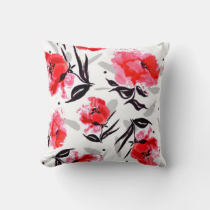 Red Poppy on a white background with grey stripes. Cushion