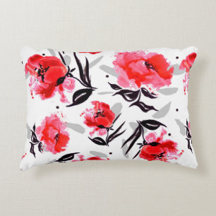 Red Poppy on a white background with grey stripes. Decorative Cushion