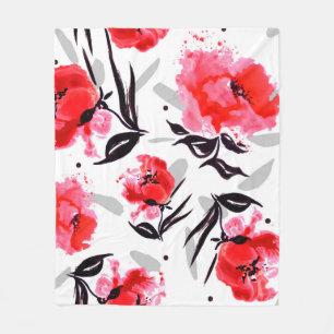 Red Poppy on a white background with grey stripes. Fleece Blanket