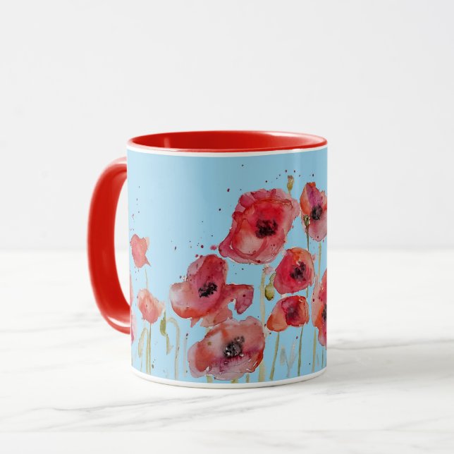 Red Poppy on Blue Watercolour Poppies Art Mug (Front Left)