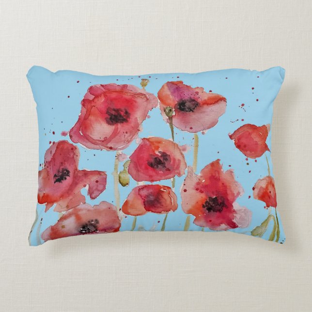 Red Poppy on Blue Watercolour Poppies Decorative Cushion (Front)