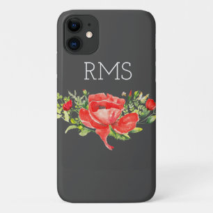 Red Poppy on Grey Customisable Monogram  iPhone 11 Case