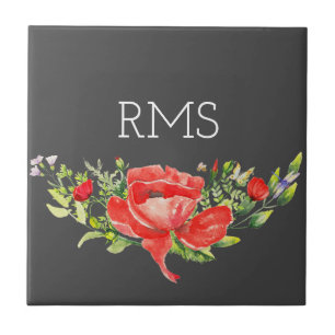 Red Poppy on Grey Customisable Monogram Ceramic Tile