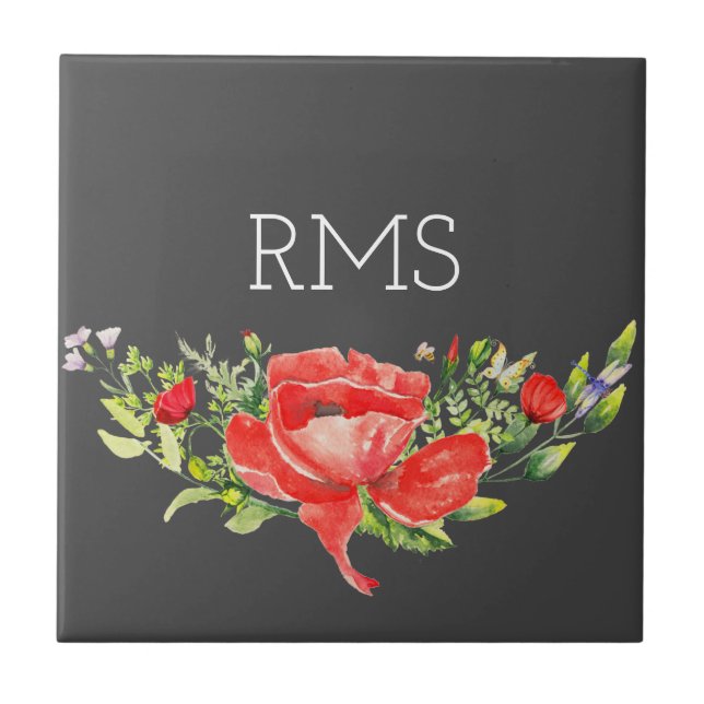 Red Poppy on Grey Customisable Monogram  Ceramic Tile (Front)