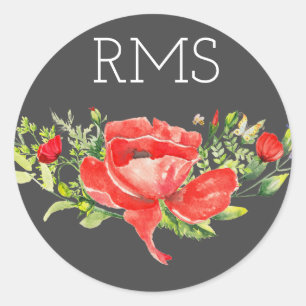 Red Poppy on Grey Customisable Monogram  Classic Round Sticker