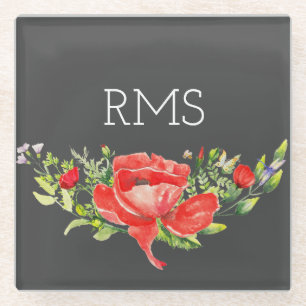 Red Poppy on Grey Customisable Monogram Glass Coaster