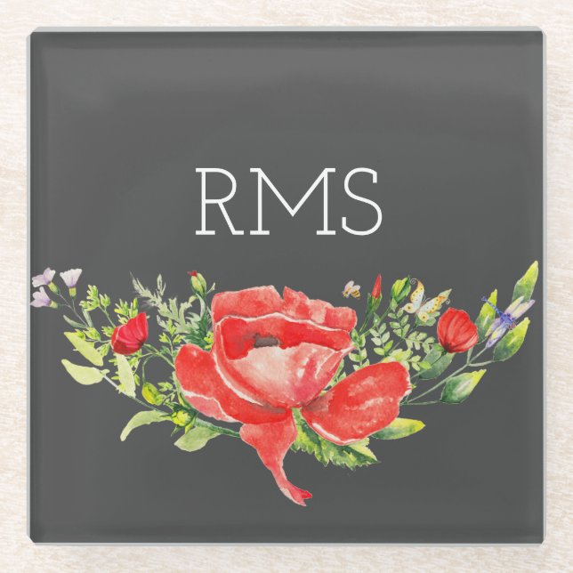 Red Poppy on Grey Customisable Monogram Glass Coaster (Front)