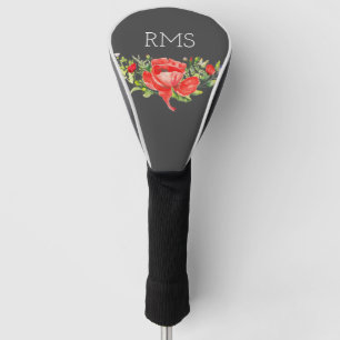 Red Poppy on Grey Customisable Monogram Golf Head Cover