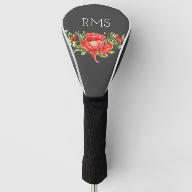 Red Poppy on Grey Customisable Monogram Golf Head Cover (Front)
