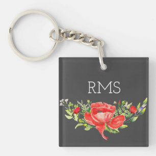 Red Poppy on Grey Customisable Monogram  Key Ring