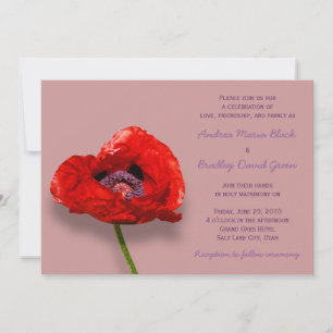 Red Poppy on Mauve Wedding Invitation