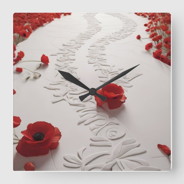 Red Poppy Path Square Wall Clock (Front)