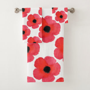 Red Poppy Pattern Bath Towel Set