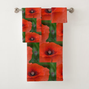 Red Poppy Pattern Bath Towel Set
