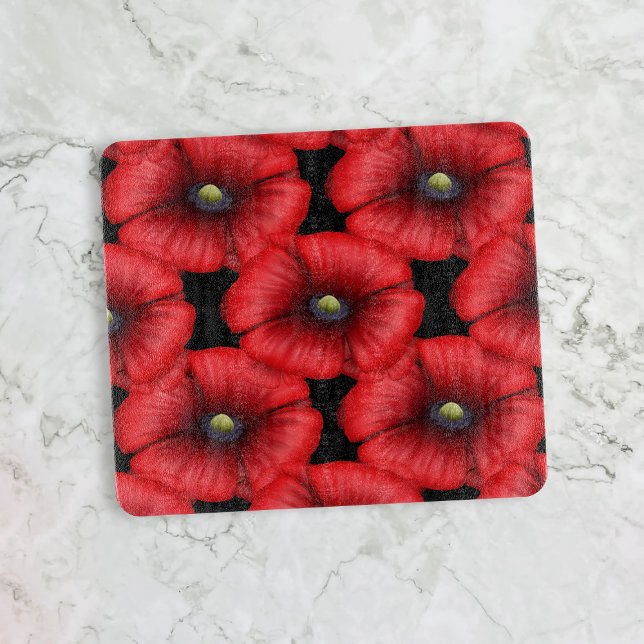 Red Poppy Pattern Black Glass Cutting Board (Pop a poppy pattern cutting board in your kitchen for a pretty pop of color. Makes a lovely gift)