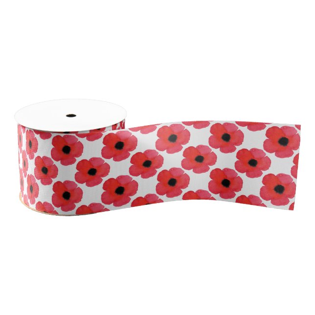 Red Poppy Pattern Grosgrain Ribbon (Spool)