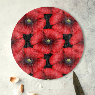 Red Poppy Pattern Round Black Glass Cutting Board