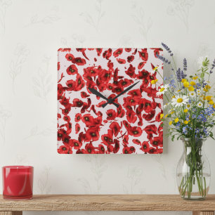 Red Poppy Petal Pattern Modern Floral Wall Clock