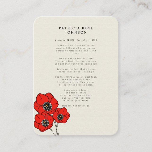 Red Poppy Photo Sympathy Funeral Memorial Card (Front)