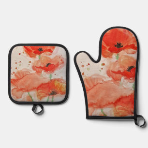 Red Poppy Poppies Flanders Watercolor Oven Mit Mitt & Pot Holder Set