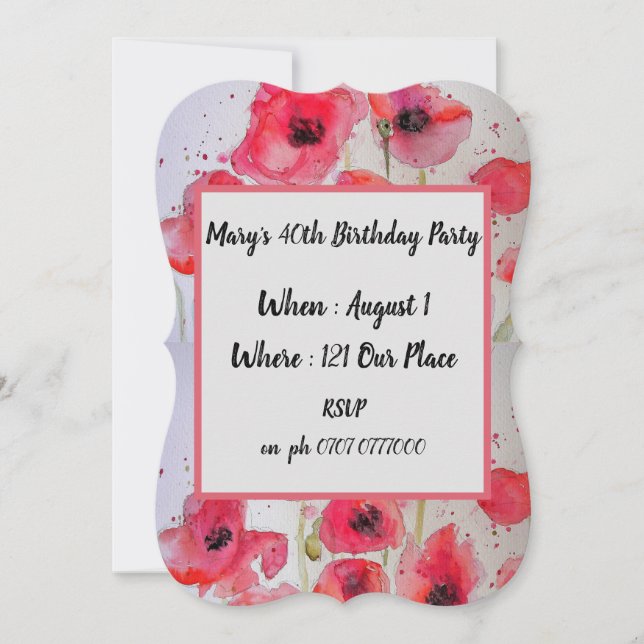 Red Poppy Poppies Floral 40th Birthday Invitation (Front)