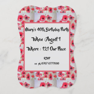 Red Poppy Poppies Floral 40th Birthday Invitation