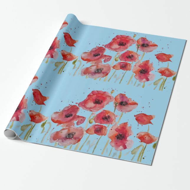 Red Poppy Poppies Party Watercolor Wrapping Paper (Unrolled)