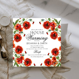 Red Poppy Romantic Floral Housewarming  Invitation
