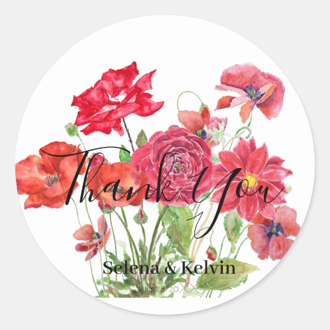  red  poppy rose dahlia ranunculus bouquet  classic round sticker (Front)