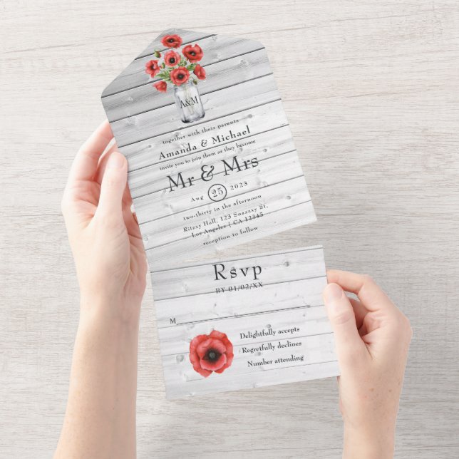 Red Poppy Rustic Country Wedding All In One Invitation (Tearaway)