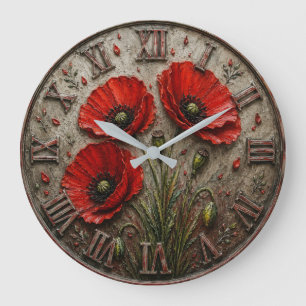 Red Poppy Rustic Vintage Floral Botanical Decor Large Clock