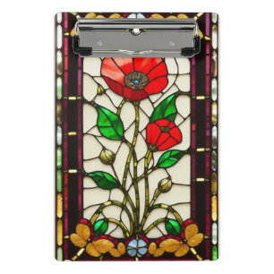 Red Poppy Stained Glass Flower Office Clip Holder Mini Clipboard